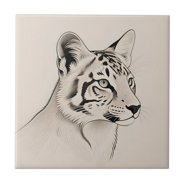 Detailed Lynx Portrait Line Art Ceramic Tile (Front)