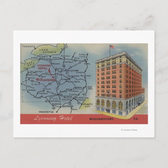 Detailed Map, Lycoming Hotel - Williamsport, PA Postcard (Front)