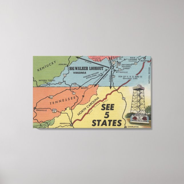 Detailed Map of 5 States - Big Walker Lookout, V Canvas Print (Front)