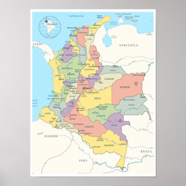 Detailed Map of Colombia Poster (Front)