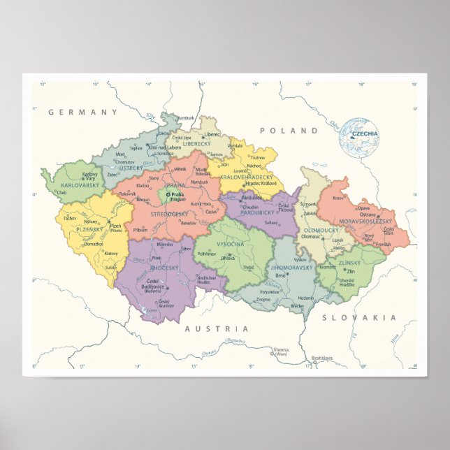 Detailed map of Czech Republic Poster (Front)