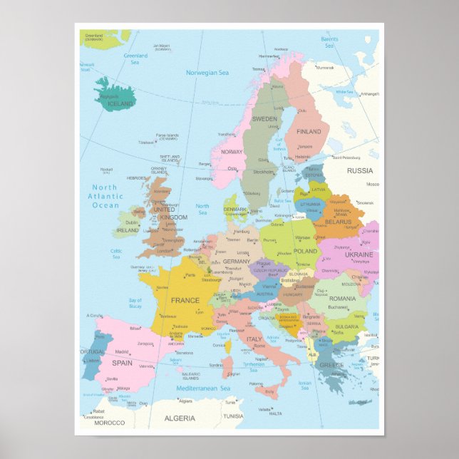 Detailed Map of Europe Continent Poster (Front)