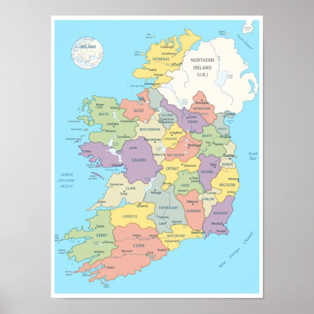 Detailed Map of Ireland Poster (Front)