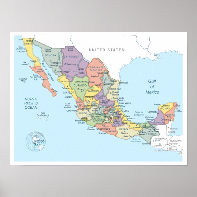 Detailed map of Mexico Regions Poster (Front)