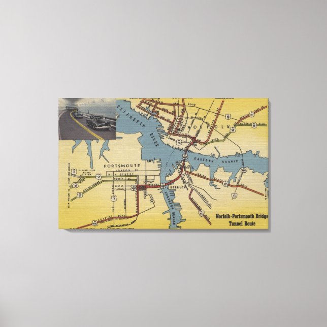 Detailed Map of Norfolk-Portsmouth Bridge Tunnel Canvas Print (Front)
