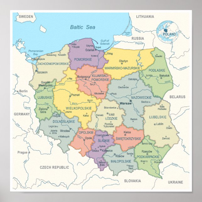 Detailed Map of Poland Poster (Front)