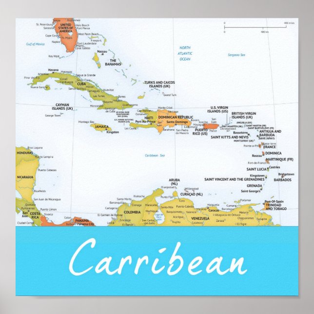 Detailed Map of the Carribean Poster (Front)