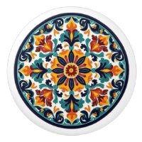 Detailed Mexican Talavera Floral Ceramic Knob