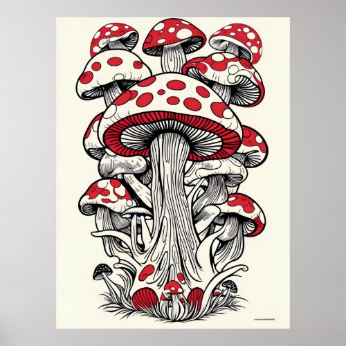 Detailed Mushroom Vector Graphic Dripping Trippy Poster