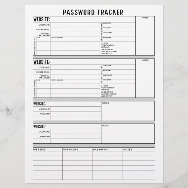 Detailed Password Tracker with 2-Step Verification Letterhead (Front)