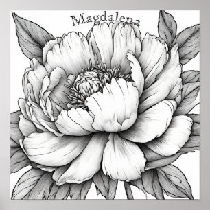 Detailed Peony Flower Close Up Name Coloring Poster