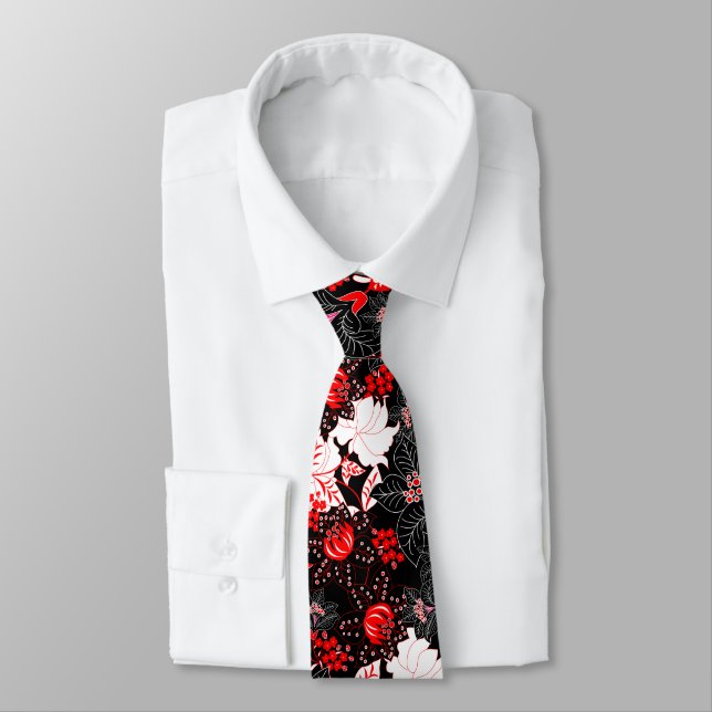 Detailed red tropical floral neck tie (Tied)