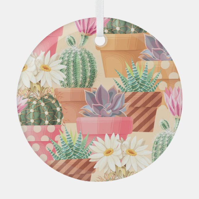 Detailed succulent, cactus seamless pattern. glass ornament (Front)