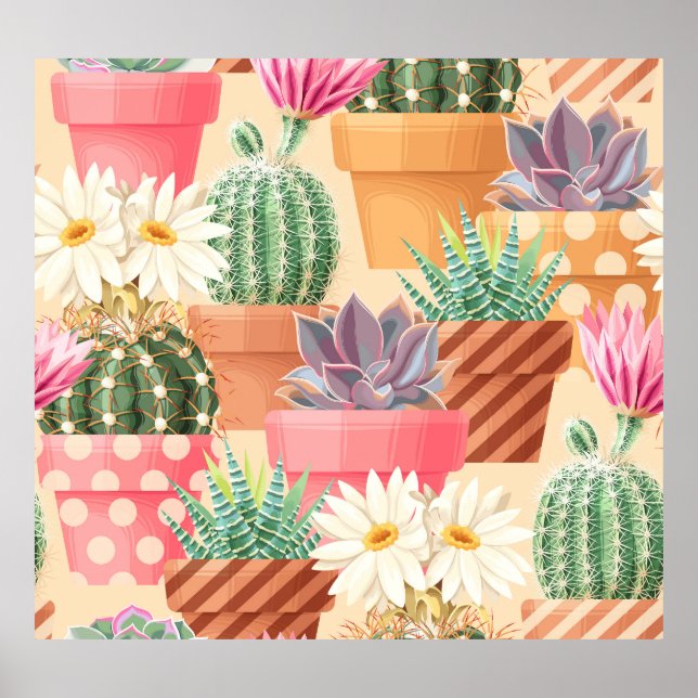 Detailed succulent, cactus seamless pattern. poster (Front)