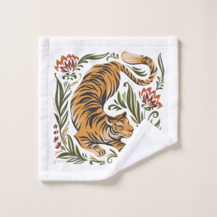 detailed tiger surrounded by floral decorations wash cloth