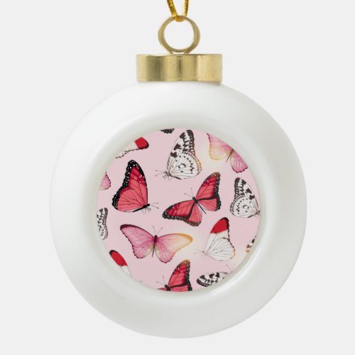 Detailed Tropical Butterfly Vintage Pattern Ceramic Ball Christmas Ornament