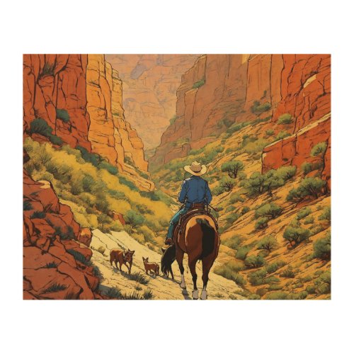 detailed vibrant illustration of a cowboy in the  wood wall art
