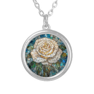 Detailed White Rose Beautiful Stained Glass Art Silver Plated Necklace