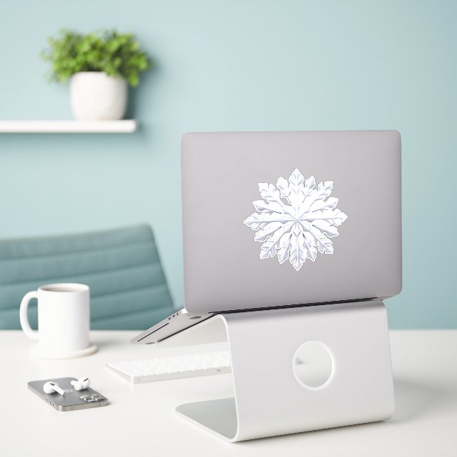 Detailed White Snowflake Design Sticker (Laptop On Desk)