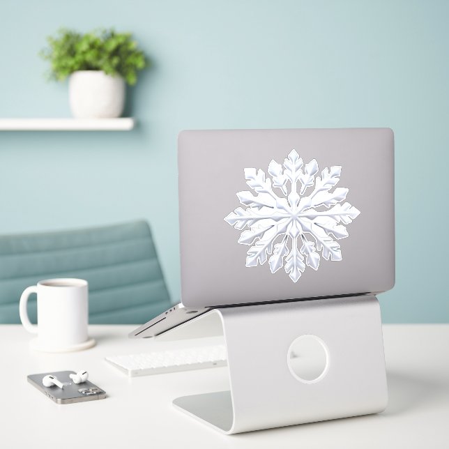 Detailed White Snowflake Design Sticker (Laptop On Desk)