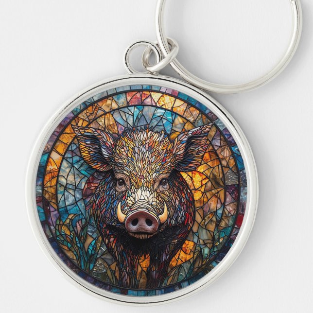 Detailed Wild Boar Stained Glass Artwork Keychain (Front)
