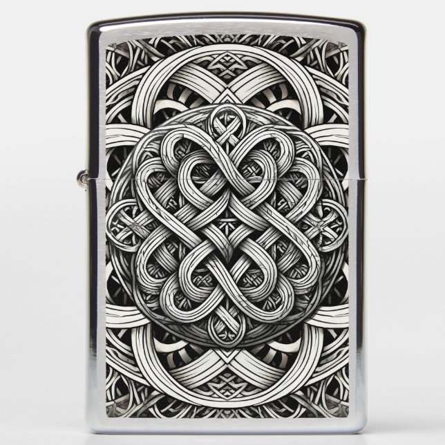 Detaillierte Schwarz-Weißer keltischer Knoten 0001 Zippo Lighter (Front)