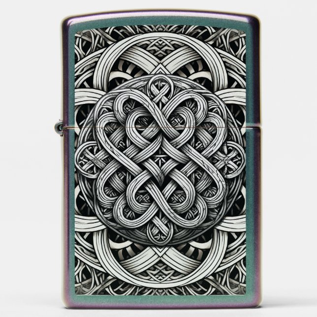 Detaillierte Schwarz-Weißer keltischer Knoten 0001 Zippo Lighter (Front)