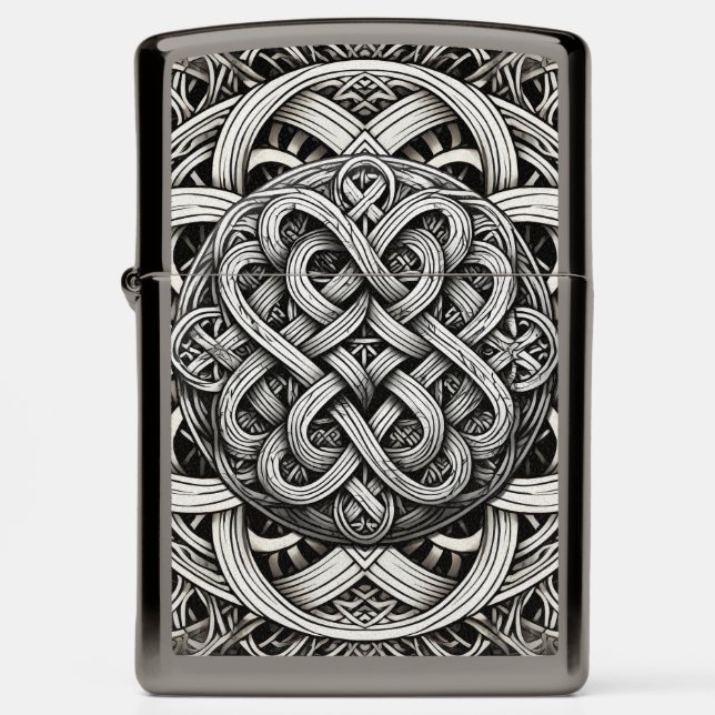 Detaillierte Schwarz-Weißer keltischer Knoten 0001 Zippo Lighter (Front)