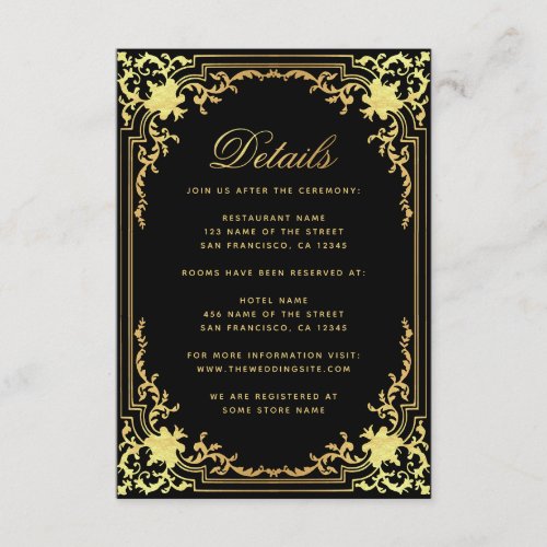 Details Black Faux Gold Elegant Vintage Wedding Enclosure Card