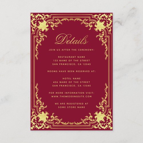 Details Burgundy Faux Gold Elegant Script Wedding Enclosure Card
