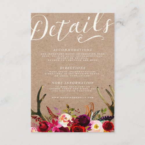 DETAILS CARD  Elegant Floral Boho Rustic Antlers