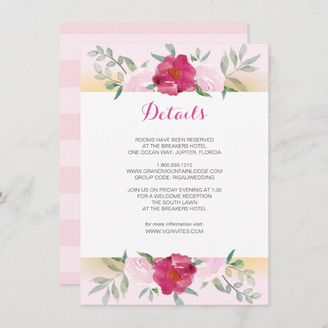 Details Card Pink Floral Wedding Invite Set (Front/Back)