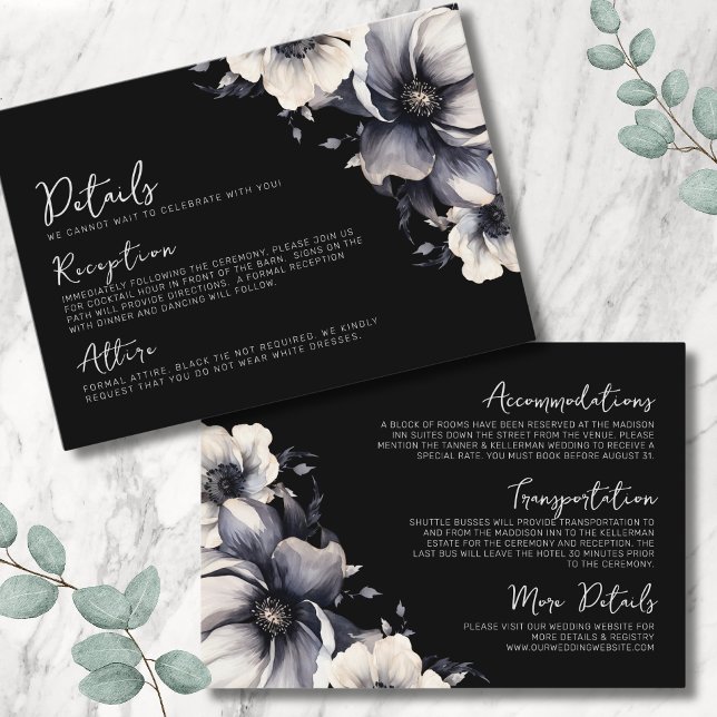 Details Floral Black Wedding Enclosure Card (Details Elegant Script Floral Black White Wedding Enclosure Card)