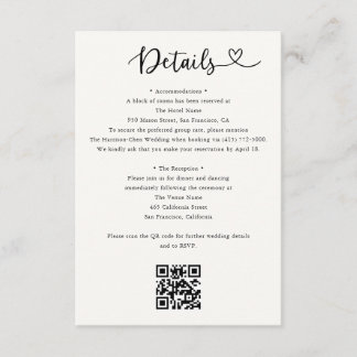 Details Heart QR Code RSVP Wedding  Enclosure Card