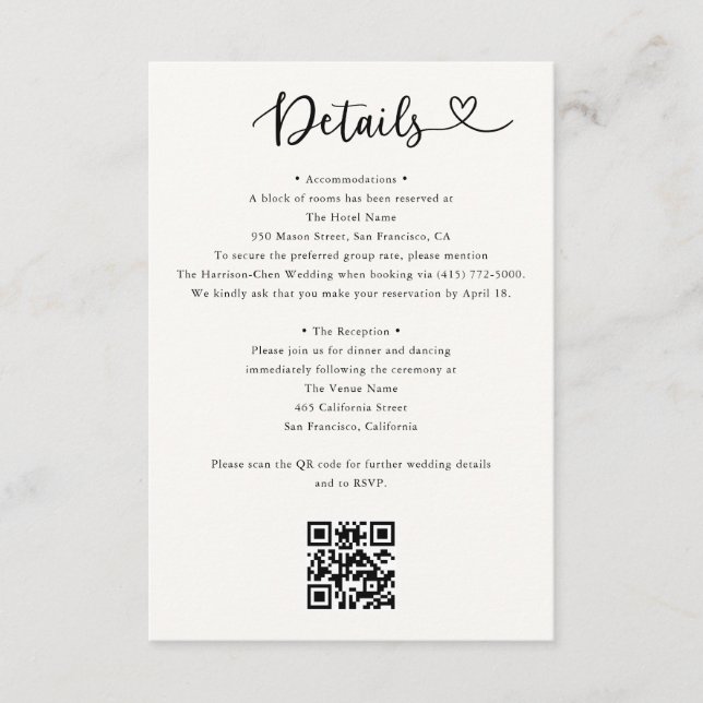 Details Heart QR Code RSVP Wedding  Enclosure Card (Front)