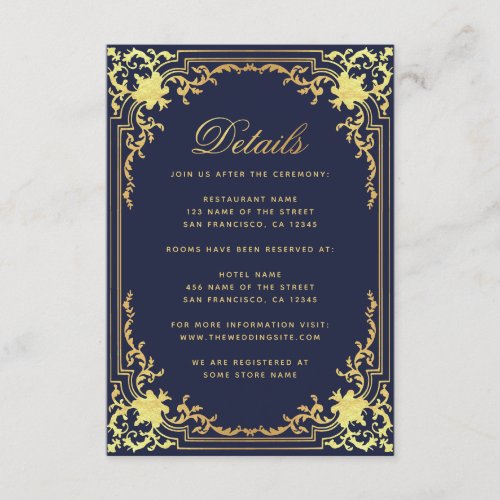Details Navy Blue Elegant Ornate Faux Gold Wedding Enclosure Card