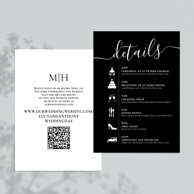 Details QR Code Black and White Wedding Timeline Enclosure Card (Black and white wedding details enclosure card with QR Code timeline. )