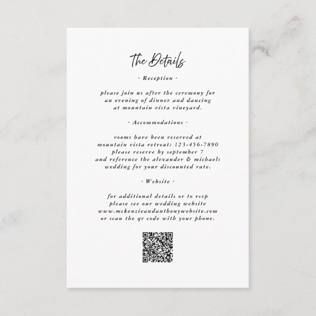 Details QR Code Black White Wedding Enclosure Card (Front)
