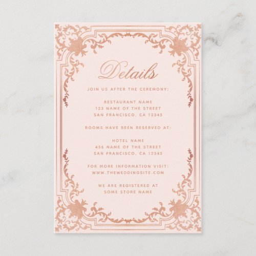 Details Rose Gold Blush Elegant Vintage Wedding Enclosure Card