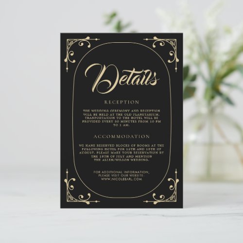 Details Wedding Black Elegant Art Deco Gold Retro  Enclosure Card