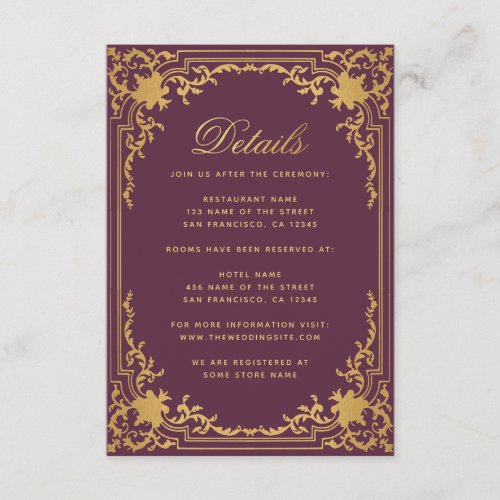 Details Wine Color Faux Gold Foil Vintage Wedding Enclosure Card