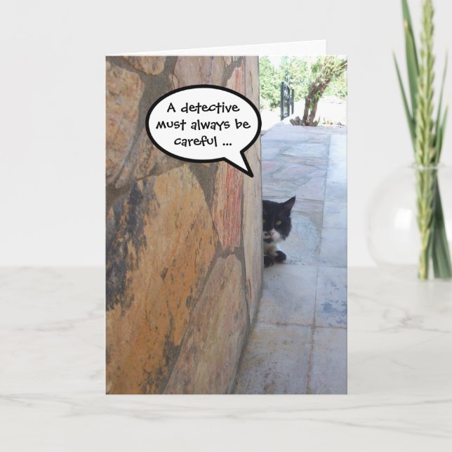 DETECTIVE CAT BEHIND THE STONE WALL CARD (Front)