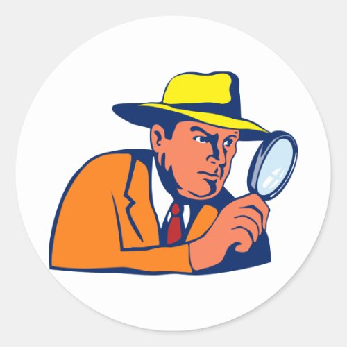 detective looking with magnifying glass classic round sticker