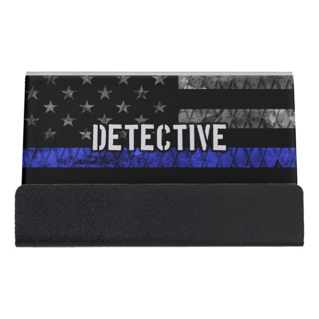 Detective Thin Blue Line Distressed Flag Desk Business Card Holder (Front)