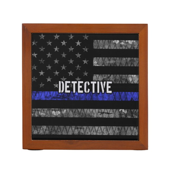 Detective Thin Blue Line Distressed Flag Desk Organizer (Front)