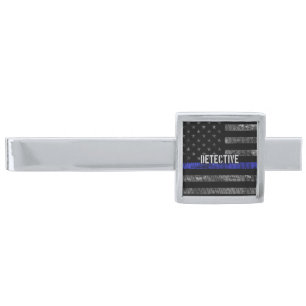 Detective Thin Blue Line Distressed Flag Silver Finish Tie Bar