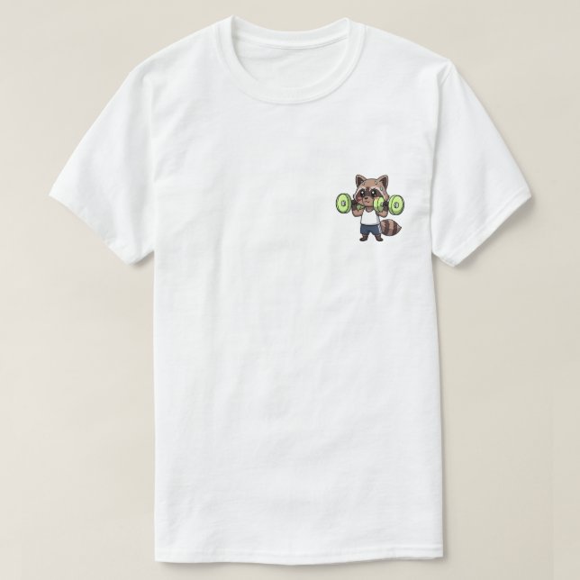 Determined Cartoon Raccoon Character Lifting Green T-Shirt (Design Front)