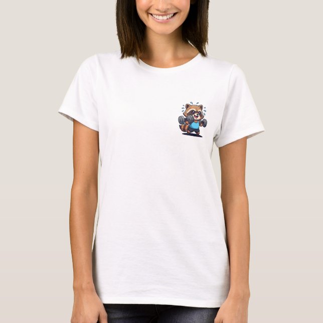 Determined Cute Raccoon Lifting Dumbbells Gym Work T-Shirt (Front)