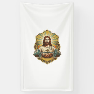 Determined Jesus Heavy Iron Barbell Powerlifting G Banner