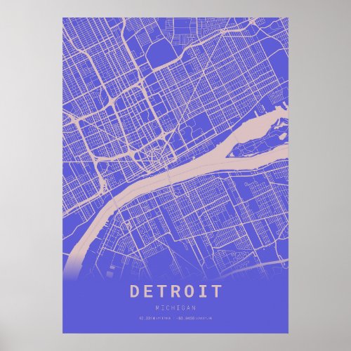Detroit Blue City Map Poster
